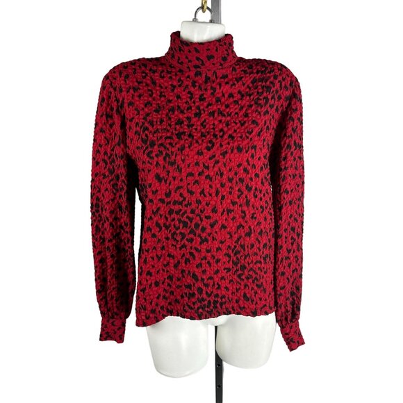 Vtg 80s Givenchy Life Crinkle Red Leopard Print Turtleneck Button Blouse Wool 12 - Picture 1 of 7